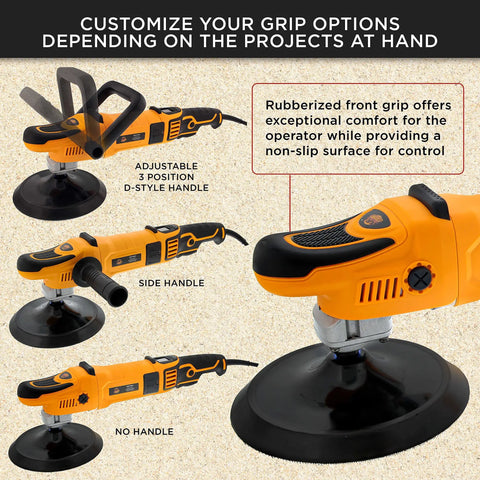 Pro Grade 7 Inch Rotary Polisher Buffer Sander Kit With 8 Polishing Pads LED RPM Display showing grip options