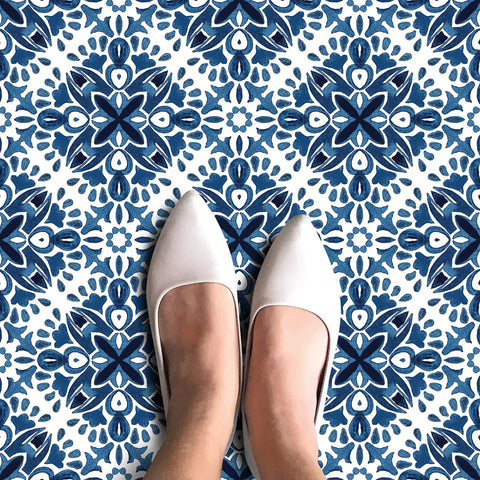 Feet on Amalfi Blue Peel And Stick Floor Tiles Pack Of 20 12 By 12 Inch Self Adhesive Tiles With Ceramic Look For Easy DIY