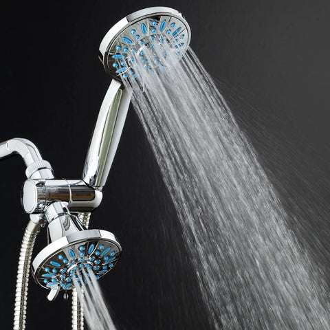 Dual shower heads with flowing water, chrome finish, Antimicrobial Anti-Clog High-Pressure Shower Head With 30-Setting Spray Microban Nozzle