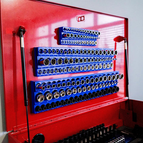 Magnetic Socket Organizer For Three Eighths Inch Drive, mounted tool box with three row holder, blue tray holding metric sockets neatly