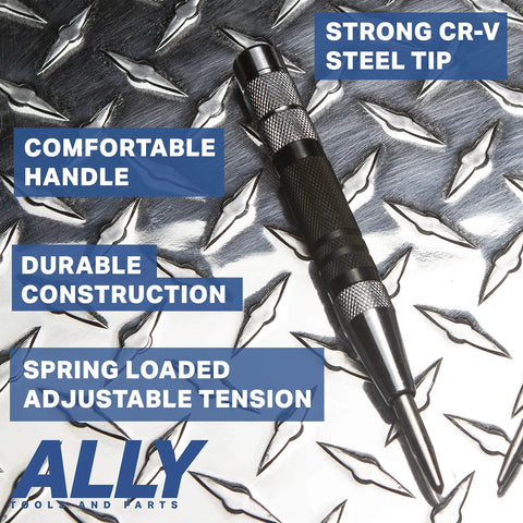 Heavy Duty Automatic Center Punch 3 Piece Set Packaged With 6 Inch Chrome Steel Body And Adjustable Spring Tension showing strong CR-V steel tip and comfortable grip.