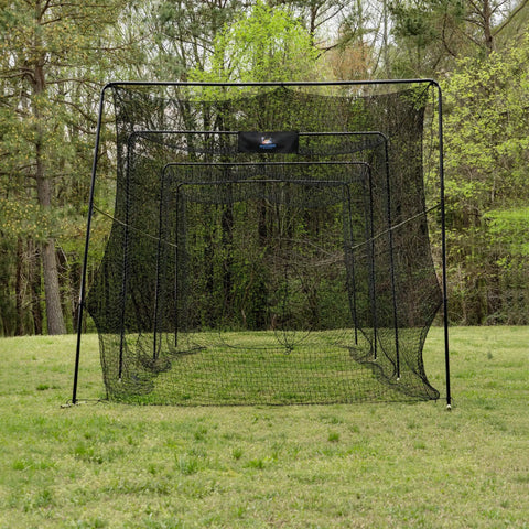 40 Foot Collapsible Batting Cage With Frame And Netting Freestanding Portable Backyard Baseball And Softball Batting Cage Complete Package For Easy Home Hit Sessions And Backyard Practice Setup set up on grass