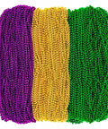 Mardi Gras Beads Necklaces 24 Pack, 33 Inch Round Beads in Green Purple Gold, layered and arranged side by side