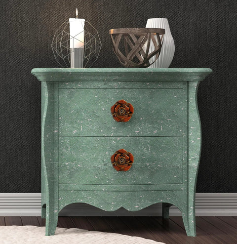 Top Shelf Vintage Floral Ceramic Cabinet Knobs And Dresser Drawer Pulls In Radiant Red featuring durable ceramic knobs on a green dresser.