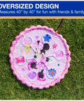 Minnie Mouse Splash Pad For Kids With Built In Sprinklers, The Sickest Outdoor Water Toy For Summer Fun, Disney Pool Party Essential For Ages 1 And Up, Pink Floral Pattern, Quick Setup For Nonstop Splash showing pink floral splash pad with character designs on grass.