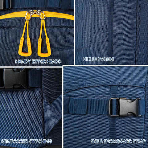 Ski Boot Bag 50L Travel Backpack For Boots Helmet Goggles Gloves Skis Snowboard Gear Blue, showing zippers and stitching details.