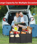 Road Trip Ready Trunk Organizer for Car and SUV, Two Compartment Collapsible 50L Storage Box, 600D Waterproof Oxford Polyester With Anti Slip And Leak Proof Design, Great For Groceries Travel Gear And Mess Free Cars, Black in open car trunk filled with groceries.