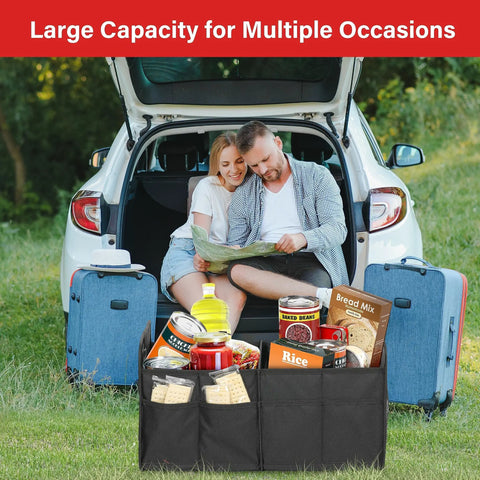 Road Trip Ready Trunk Organizer for Car and SUV, Two Compartment Collapsible 50L Storage Box, 600D Waterproof Oxford Polyester With Anti Slip And Leak Proof Design, Great For Groceries Travel Gear And Mess Free Cars, Black in open car trunk filled with groceries.