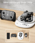 Folded 4K HD Camera Drone with Brushless Motors next to controller on scale showing weight under 249g, no FAA registration needed.