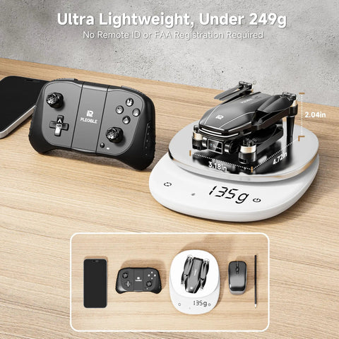 Folded 4K HD Camera Drone with Brushless Motors next to controller on scale showing weight under 249g, no FAA registration needed.