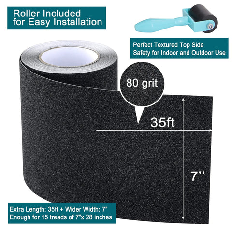 Heavy Duty Grippy Non Slip Traction Tape 7 Inch By 35 Feet Waterproof Grip Tape For Indoor And Outdoor Stairs High Traction Anti Skid Grit Roll Cut To Fit Stair Treads Black with roller