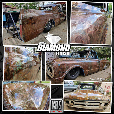 KBS Coatings DiamondFinish watercolor clear coat; automotive 1 qt, shown on a rusted vintage pickup.
