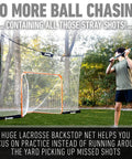 Lacrosse Goal Backstop Net No More Chasing Balls 12 Foot By 9 Foot For Backyard Practice Keeps Balls In Play installed behind a lacrosse goal on grass.