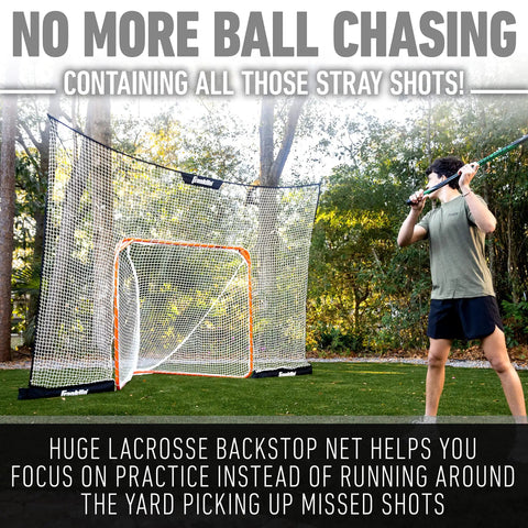 Lacrosse Goal Backstop Net No More Chasing Balls 12 Foot By 9 Foot For Backyard Practice Keeps Balls In Play installed behind a lacrosse goal on grass.