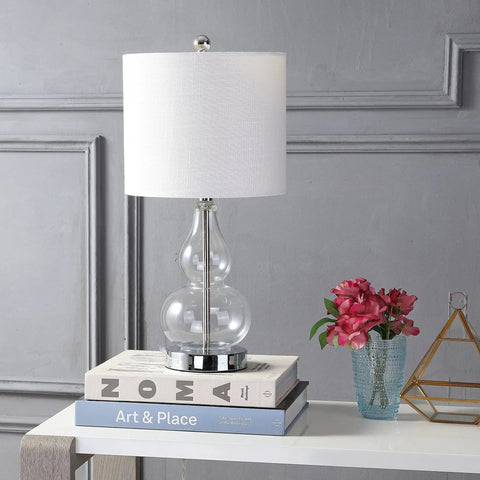 Clear Glass Table Lamp 20.5 Inches With White Linen Shade Sleek Modern Gourd Design on bedside table with books