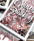 Handcrafted Happy Birthday card using 3 Piece Metal Die Cut Set For Card Making And Paper Crafts, embellished with sequins and pink tones.