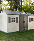 Desert Sand Outdoor Storage Shed 15x8 Ft Resin Backyard Tool Shed with Lockable Doors, shown with UV protected panels.