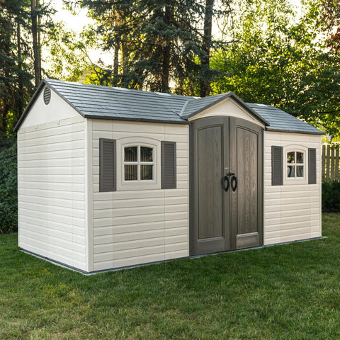 Desert Sand Outdoor Storage Shed 15x8 Ft Resin Backyard Tool Shed with Lockable Doors, shown with UV protected panels.