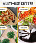 Multi-use cutter collage in kitchen; four panels show pizza, chopped veggies, chopped herbs, and sliced cake.
