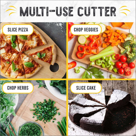Multi-use cutter collage in kitchen; four panels show pizza, chopped veggies, chopped herbs, and sliced cake.