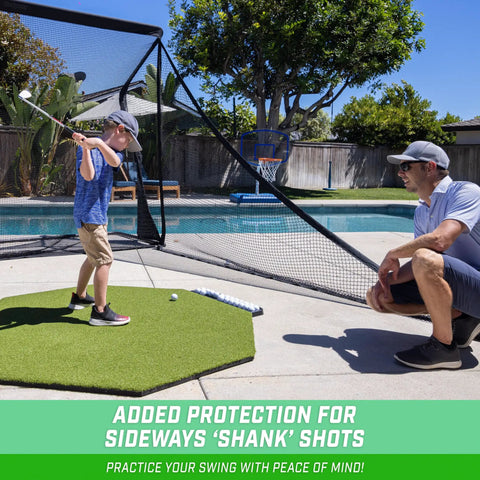 Child practicing golf with Elite Shank Net for Golf Hitting Nets and Simulator Enclosures, Easy Attach Hook And Loop System