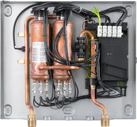 Ultimate Whole House Tankless Water Heater 24kW 240V Electric circuitry and piping, compact design for easy installation.