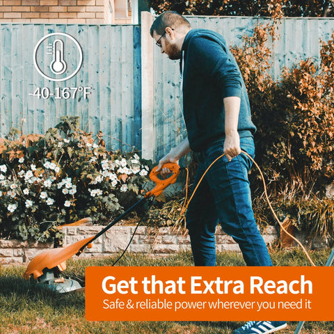 Beefed Up Heavy Duty 50 Foot Outdoor Extension Cord 16 AWG SJTW 16/3 With Weatherproof PVC Jacket in use with lawn equipment