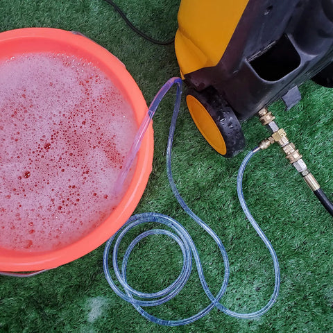 Beast Chemical Injector Kit For Pressure Washer Up To 4000 PSI Three Eighths Inch Quick Connect with siphon hose in bucket