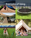 Heavy Duty 18 Inch Ground Anchors Set Of 4 Screw In Stakes For Tie Downs shown securing canopies, trampolines, tents outdoors