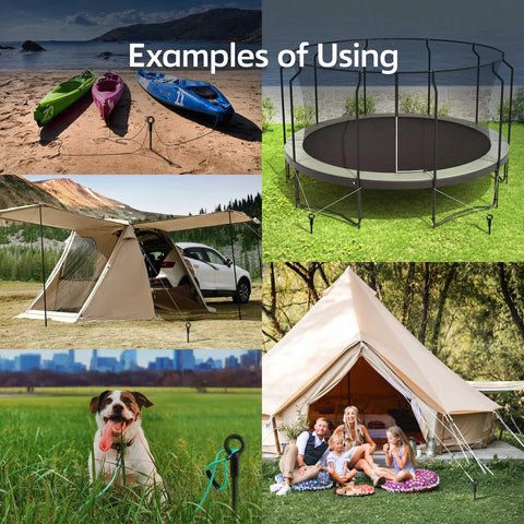 18 Inch Heavy Duty Ground Anchors Kit in use with tents, canopies, trampolines, kayaks, and dog leash outdoors.