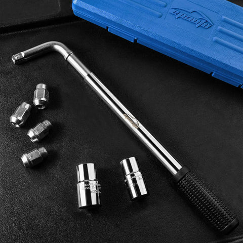 Telescoping Lug Wrench With 1/2 Inch Drive And 17mm 19mm 21mm 22mm Sockets, Heavy Duty Cr-V Steel, Extends To 19 Inches For Maximum Leverage And Folds Down To 13 Inches For Easy Storage, Your Go-To Car Tool Kit with sockets and handle visible