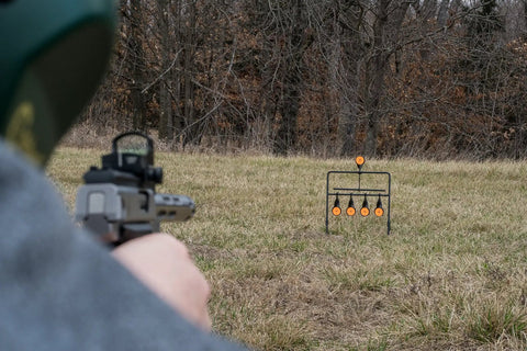 Rimfire Auto Reset Target for Plinking, Range Ready Steel Build, Self Resets After Every Hit, Includes Two And A Half Inch Shooting Spots