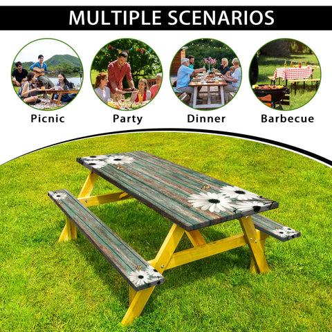 Picnic Table Cover With Bench Covers Set For 72x30 Inch Table And 72x12 Inch Benches, Elastic Waterproof Fitted Tablecloth In Wood Grain Pattern