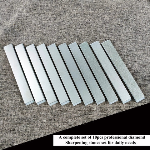 10 Piece Diamond Knife Sharpening Stone Kit With Aluminum Blank Plates For Pro RX008 Knife Sharpener laid out on fabric surface