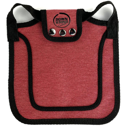 4 Pack Medium-Large Poultry Saddles With Adjustable Straps in burgundy, breathable 14oz canvas, double stitched durability shown.