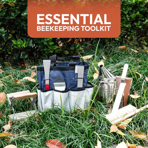 Beekeeping Starter Kit With 11 Essential Tools Including Stainless Steel Smoker Hive Tool Frame Lifter Uncapping Fork Scraper Hook And Water Resistant Tool Bag For Beginners And Pros, tools on grass