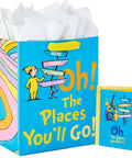 13 Inch Large Dr. Seuss Graduation Gift Bag With Tissue Paper And Card Oh The Places You'll Go For High School College Kindergarten Nursing School Grads, A Must Have For Books, Clothes, Or Small Gifts; blue bag with character and sign.