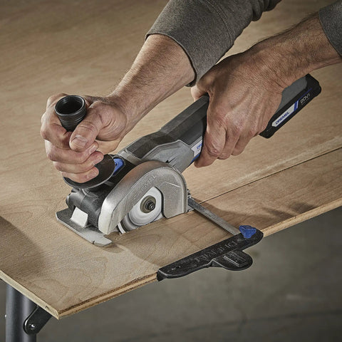 User operating Rock Solid Heavy Lifter 20V Compact Circular Saw Kit on plywood for precise cutting.