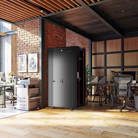 Heavy Duty 42U Floor Standing Server Rack With Locking Glass Door And Built In Cooling Fan in modern office interior.