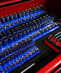 Magnetic Socket Organizer For Three Eighths Inch Drive, Three Row Holder That Keeps 54 Metric Sockets Neat, Blue Tool Box Organizer