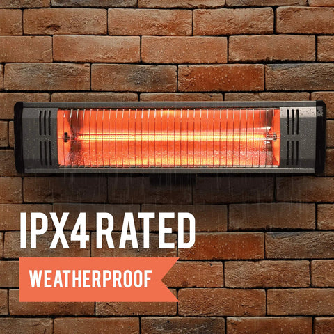 Infrared Space Heater 1500W Portable With 8 Ft Cord Roll Cage Safety Weatherproof IPX4 mounted on brick wall