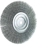 8 Inch Narrow Face Crimped Wire Wheel With.006 Inch Steel Fill, 5/8 Inch Arbor, Made In USA, shown laying flat