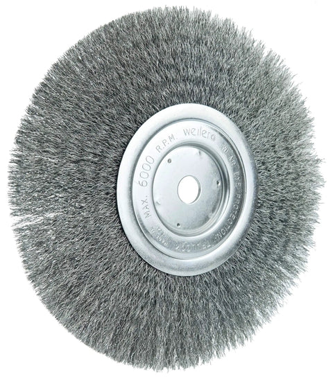 8 Inch Narrow Face Crimped Wire Wheel With.006 Inch Steel Fill, 5/8 Inch Arbor, Made In USA, shown laying flat