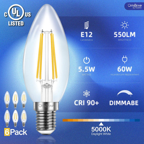 LED Filament Chandelier Bulbs Dimmable 5.5W 60W Equivalent Daylight White 5000K 550 Lumens B11 E12 Candelabra Clear Glass Candle Bulbs 6 Pack UL Listed For A Dope Home Lighting Upgrade showcasing bulb features and packaging