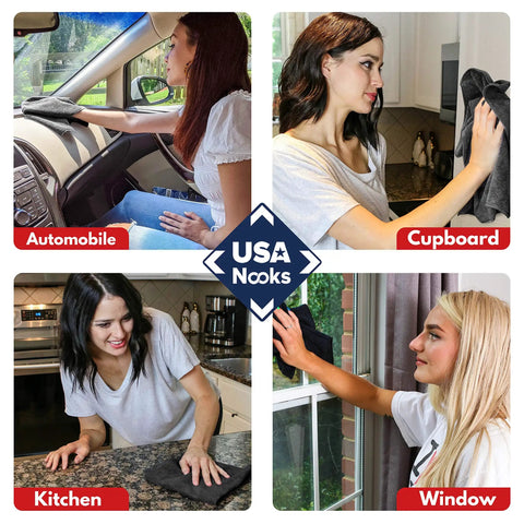 People using ultra absorbent microfiber cleaning cloth 12.5x12.5 inches, 300 GSM for automobile, cupboard, kitchen, and window cleaning.