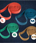 Colorful 48 Pack Heavy Duty Mover Bands For Furniture And Moving Blankets Extra Large Rubber Straps in four sizes on display.
