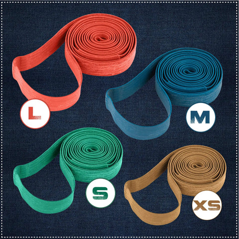Colorful 48 Pack Heavy Duty Mover Bands For Furniture And Moving Blankets Extra Large Rubber Straps in four sizes on display.