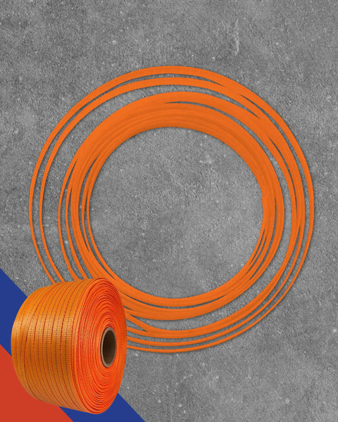 Built To Crush Heavy Loads 3/4 Inch X 1650 Foot Woven Polyester Strapping Cord in vibrant orange color.