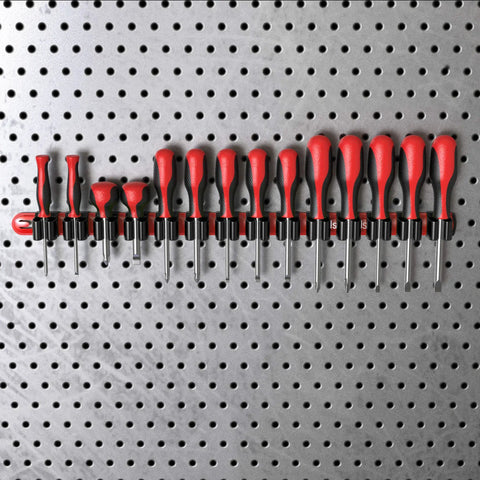 Premium Wall Mount Screwdriver Organizer With Red Nylon Body And Neon Green Clips Holds 14 Screwdrivers On Pegboard