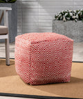 Alston Outdoor Modern Boho Pouf Ivory With Red Pattern Handcrafted Woven Concentric Diamond Design Perfect For Patio Or Living Room Decor One Of A Kind Natural Variations Add Character And Texture, shown in an outdoor setting on a neutral rug.